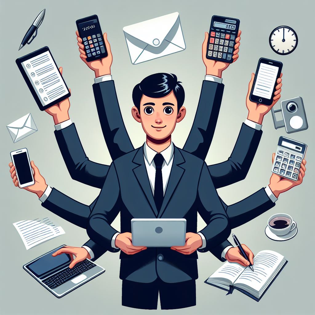 un homme d'affaires avec 6 bras, un objet se relatant au travail dans chaque main : une calculatrice, des enveloppes, un smartphone, un ordinateur, un stylo, un livre